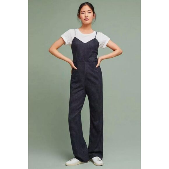 Anthropologie The Essential Jumpsuit Navy Pinstripe Flare One Piece size 0 - Picture 4 of 9